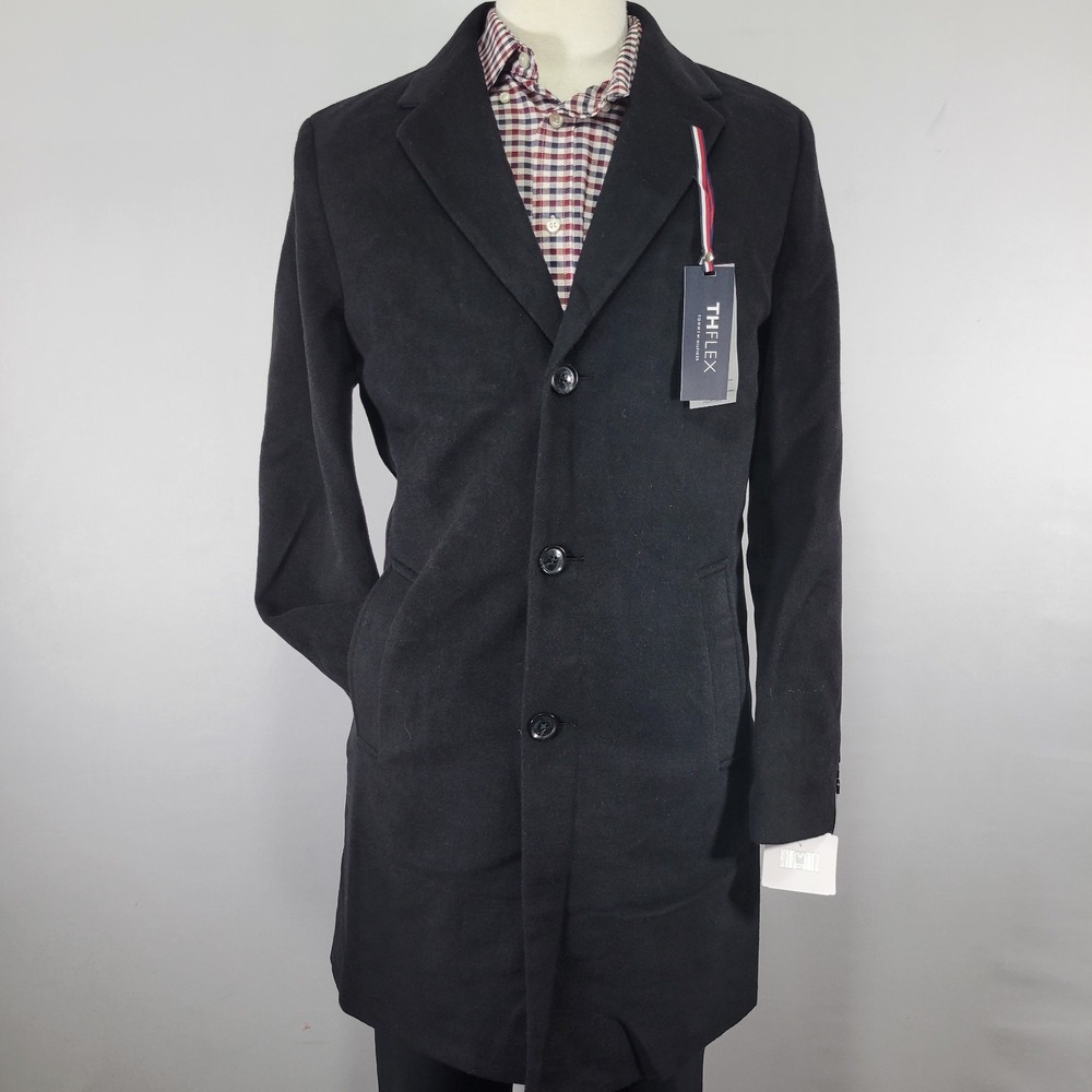 Tommy Hilfiger ADDISON Men's Overcoat Flannel Wool Blend Black Size 38R NEW